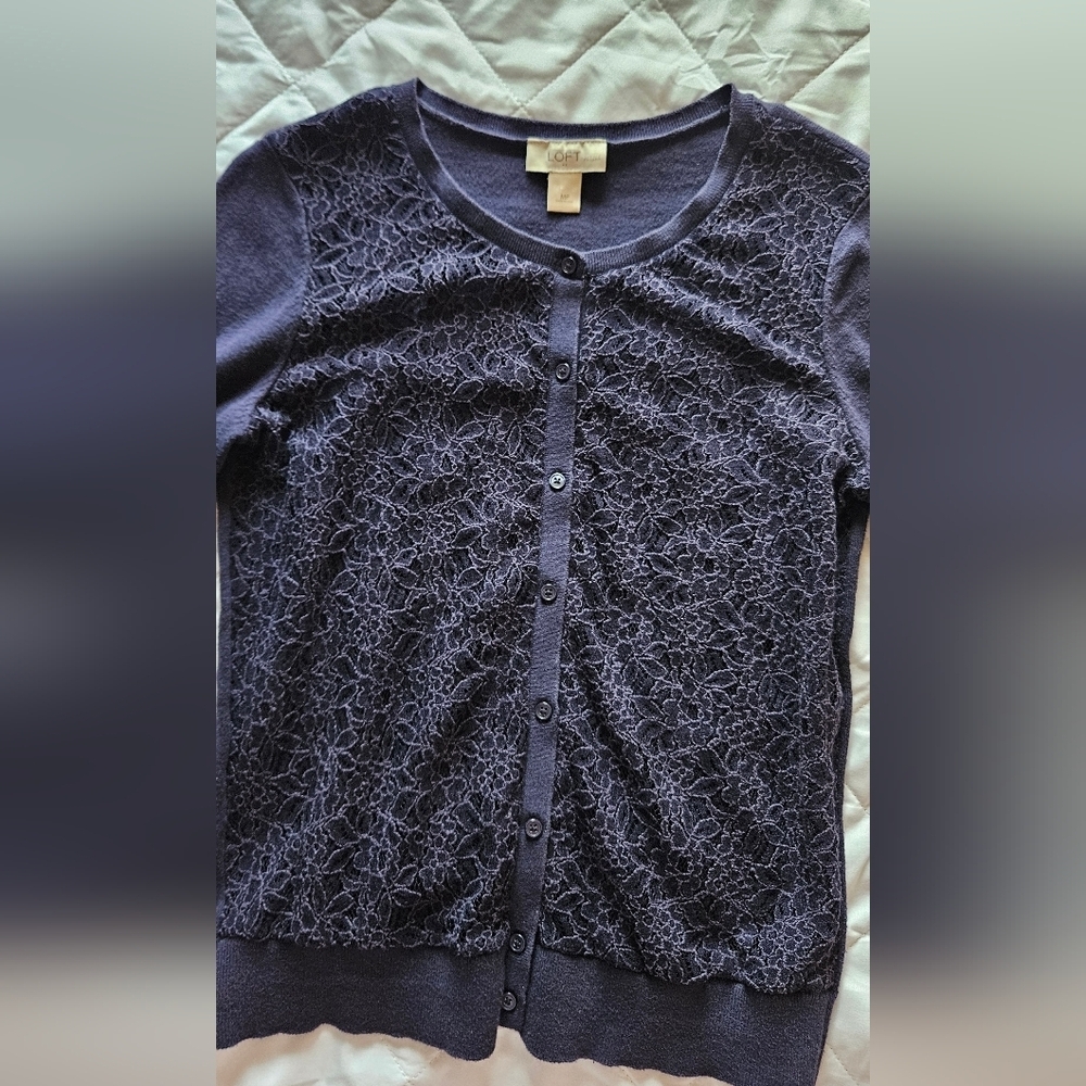 Loft Creek Navy Textured Cardigan Medium Petite